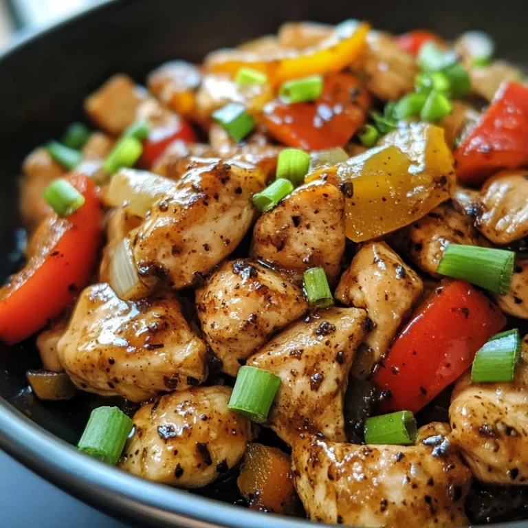 Easy black pepper chicken dish garnished with vegetables