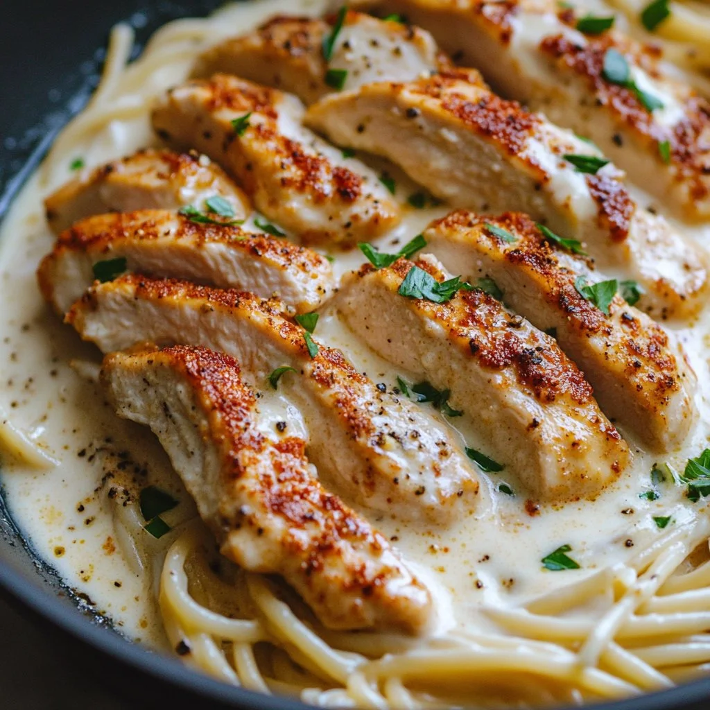 Delicious creamy Cajun Chicken Spaghetti topped with garlic mozzarella sauce