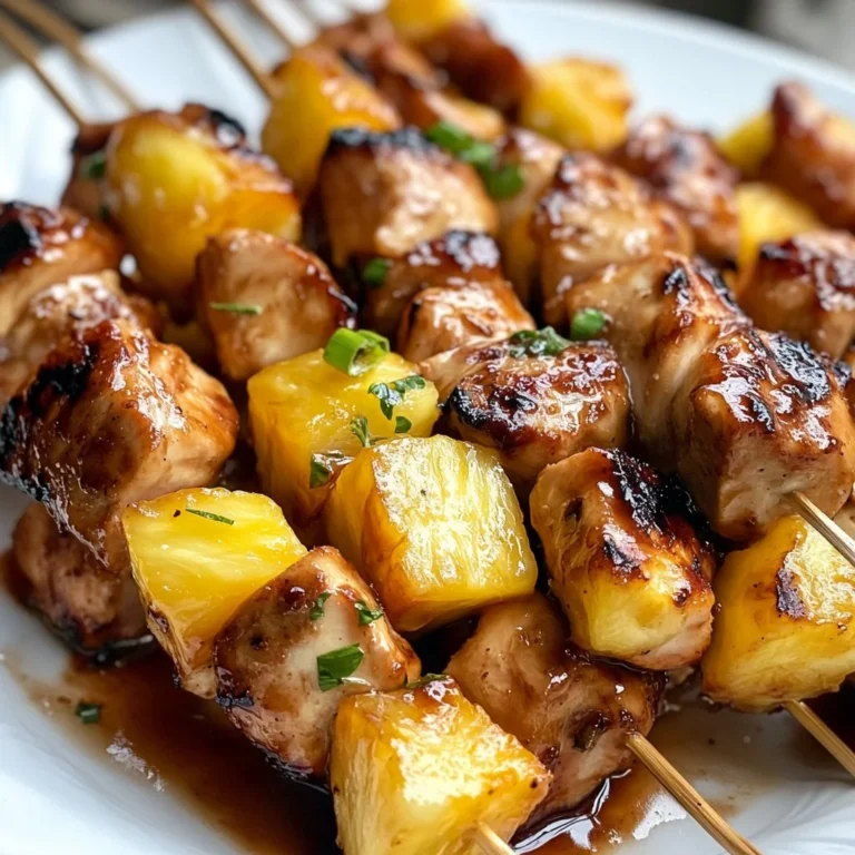 Delicious Hawaiian Chicken Kabobs served on skewers with vibrant vegetables.