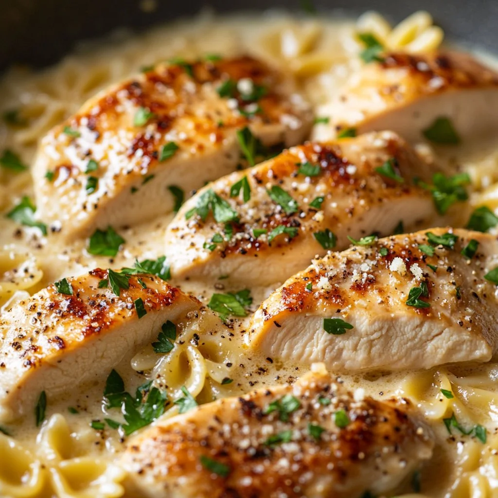 Delicious Garlic Butter Chicken served with bowtie pasta on a plate.