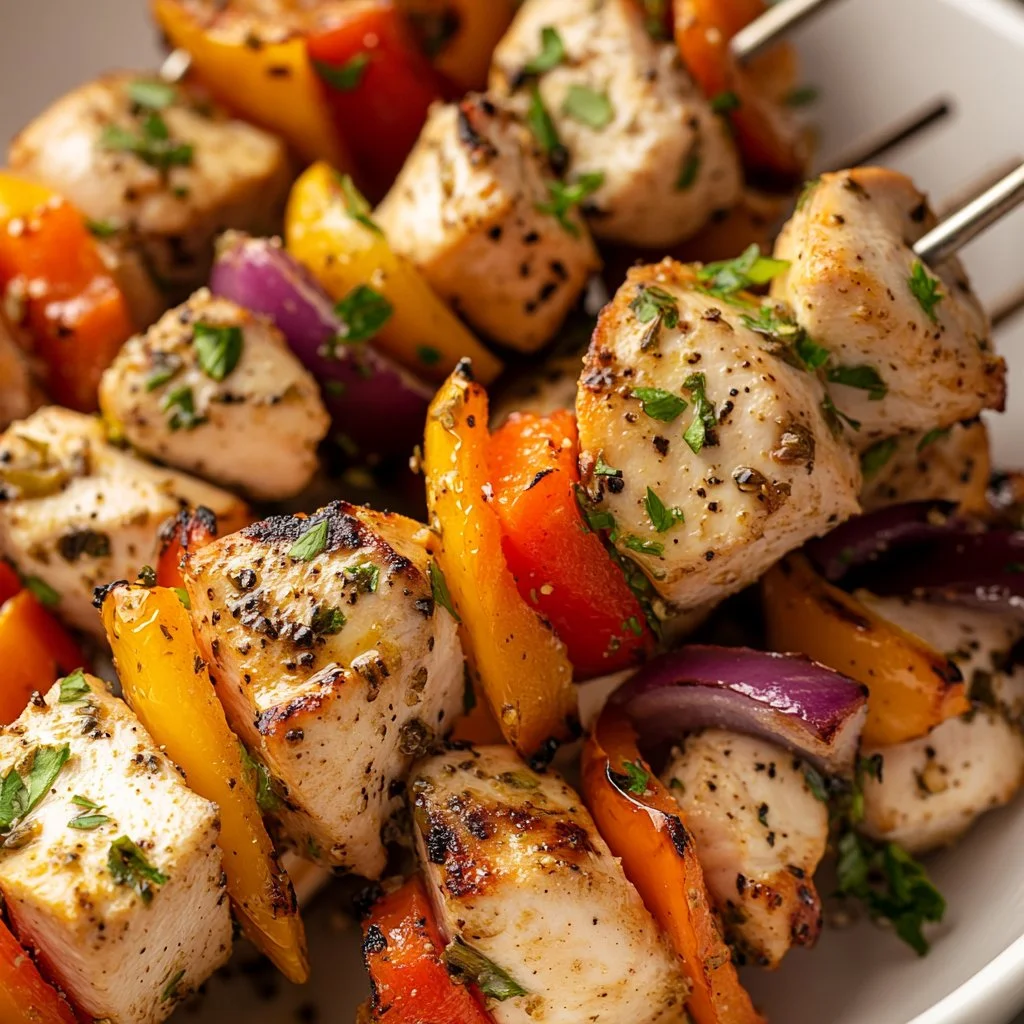 Greek chicken skewers marinated and grilled, served with fresh vegetables