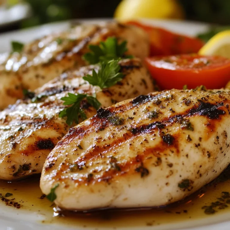 Juicy grilled chicken breast served with fresh herbs and lemon.