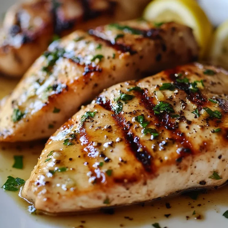 Juicy grilled chicken breast garnished with herbs on a plate