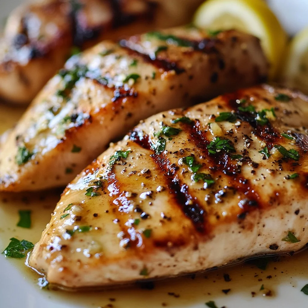 Juicy grilled chicken breast garnished with herbs on a plate