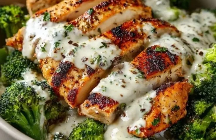 Grilled Chicken Broccoli Bowls with Creamy Garlic Sauce