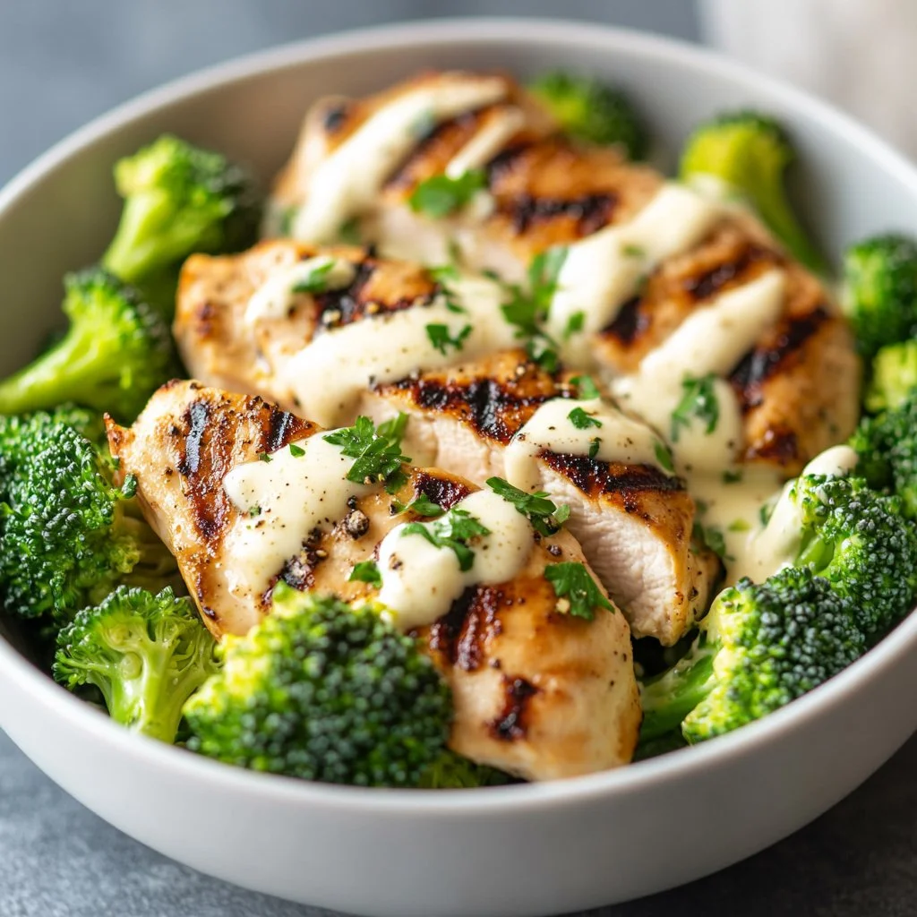 Grilled Chicken Broccoli Bowls with Creamy Garlic Sauce
