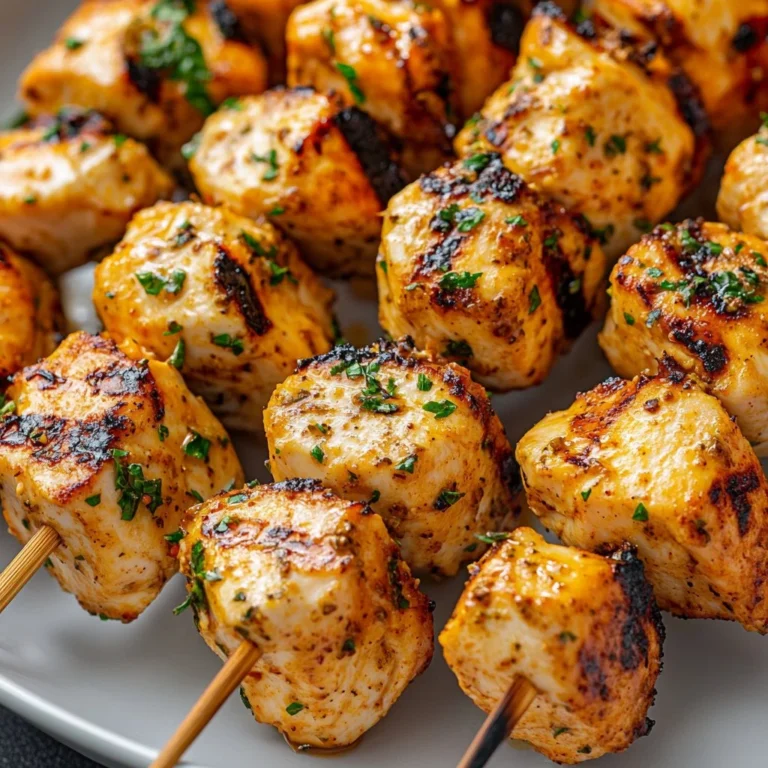 Grilled chicken skewers topped with cowboy butter on a platter.