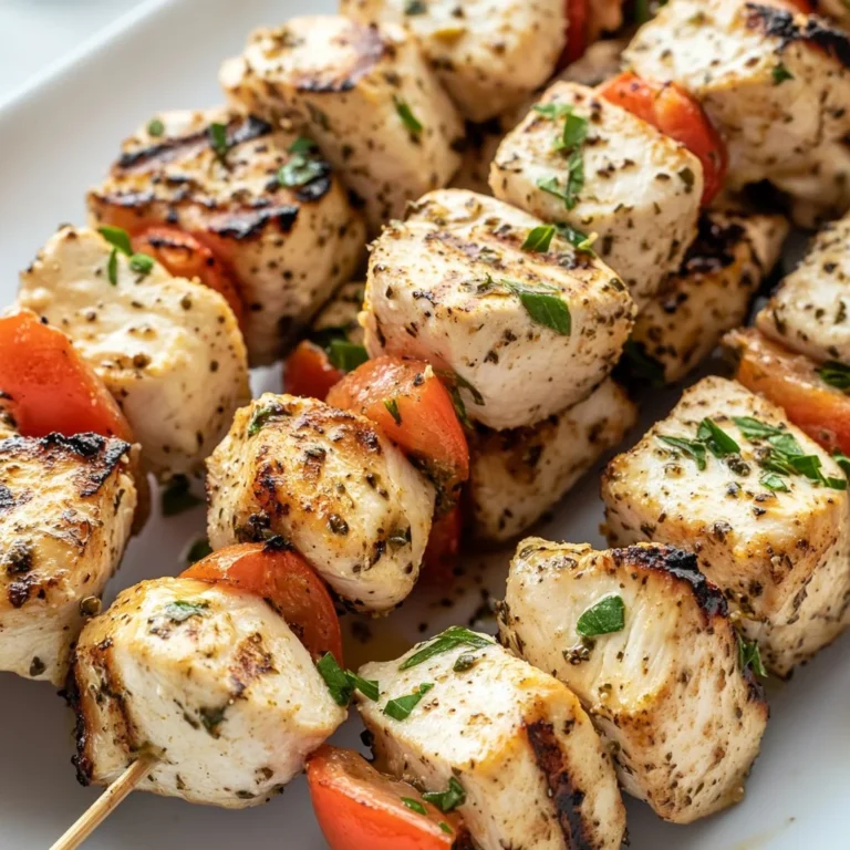 Grilled Greek chicken kabobs garnished with vegetables on skewers