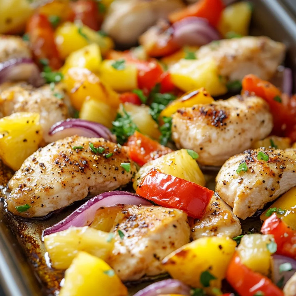 Hawaiian Chicken Sheet Pan recipe with colorful vegetables and pineapple