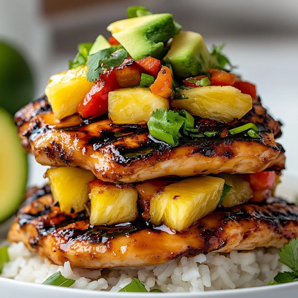 Hawaiian Chicken Stack featuring grilled chicken, pineapple, and vibrant toppings.