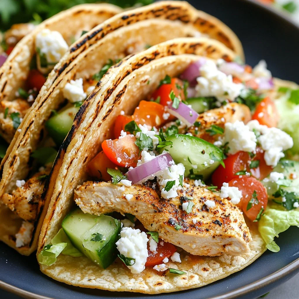 Healthy Mediterranean chicken tacos served with fresh toppings and herbs.