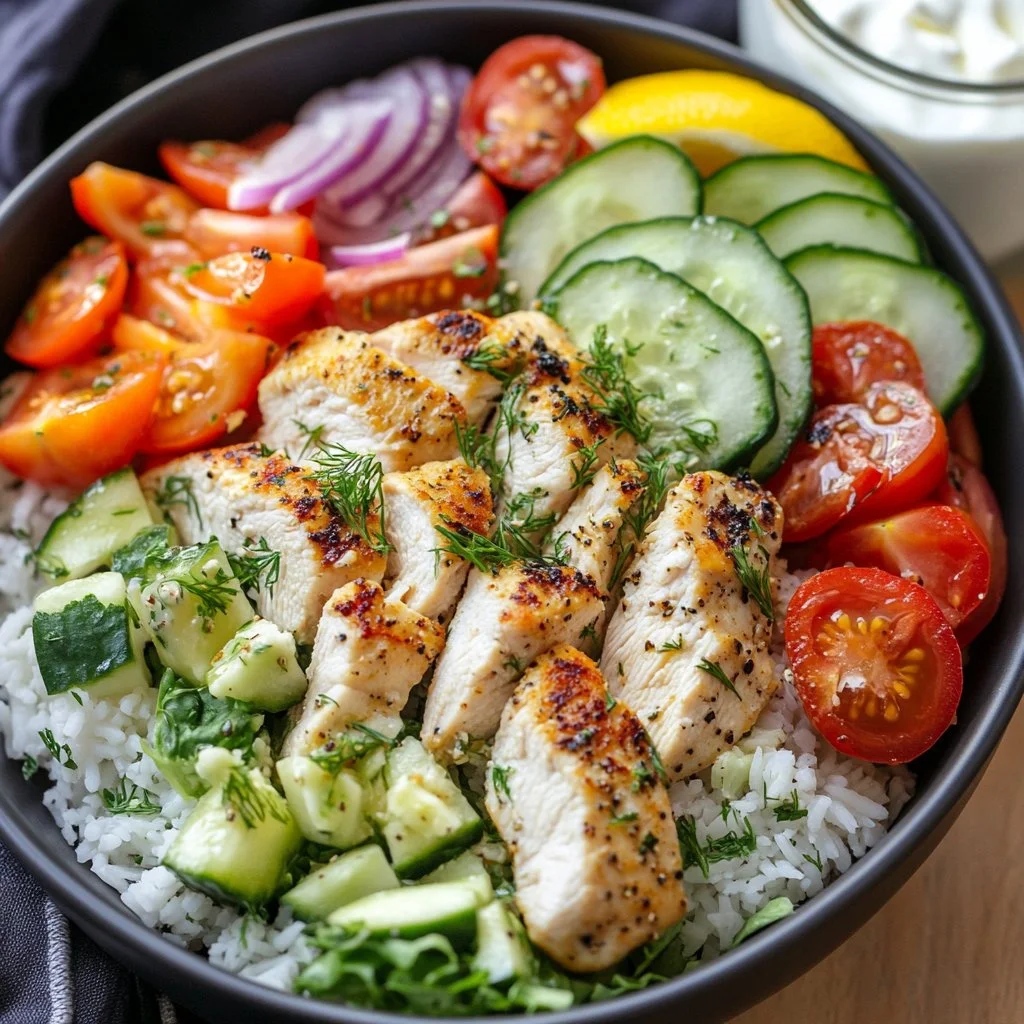 High protein Mediterranean chicken bowls with lemon and dill on a table