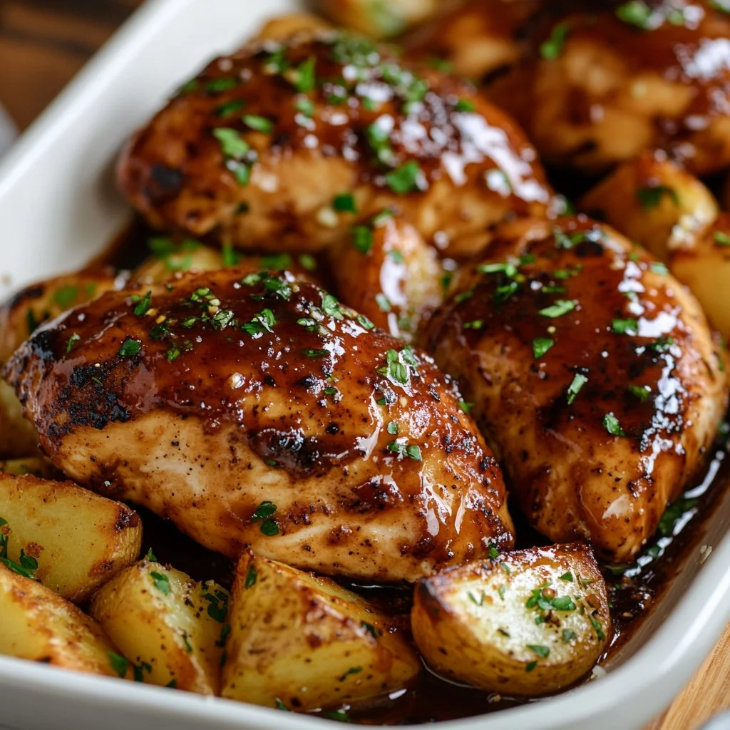 Honey BBQ Chicken served with Garlic Parmesan Potatoes on a plate