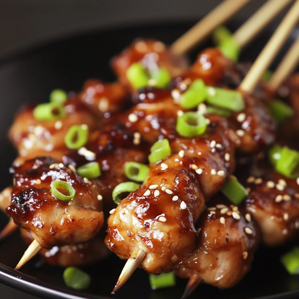 Grilled Korean chicken skewers garnished with sesame and green onions