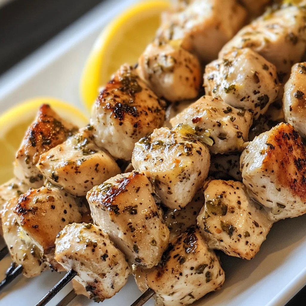 Grilled lemon pepper chicken skewers served with fresh herbs.