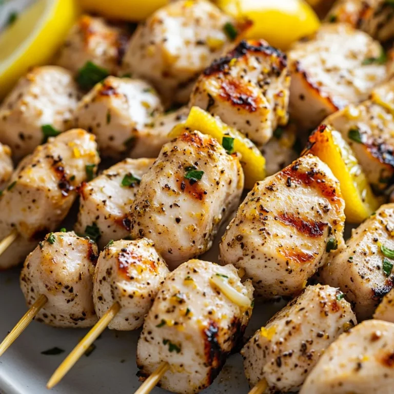 Delicious Lemon Pepper Chicken Skewers ready to serve on a grill plate