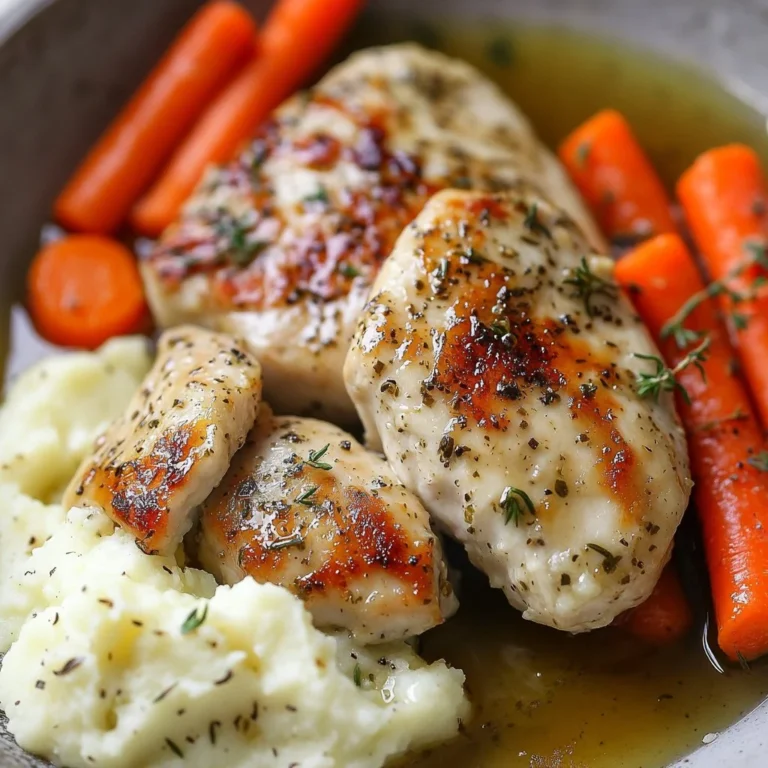 Plate of garlic herb chicken with mashed potatoes and glazed carrots