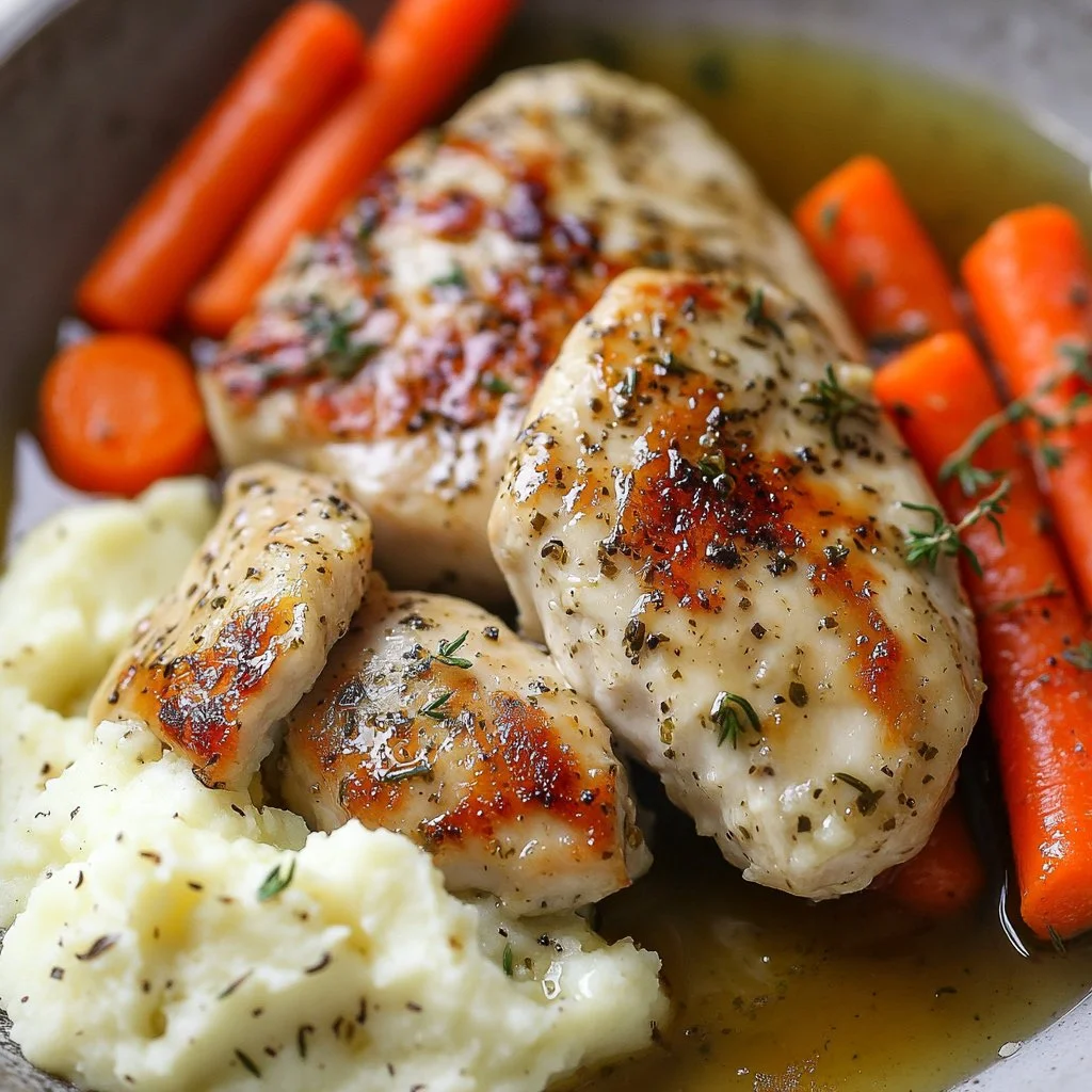 Plate of garlic herb chicken with mashed potatoes and glazed carrots