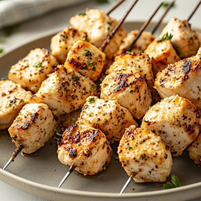 Ranch Garlic Parmesan Chicken Skewers on a grill, garnished with herbs