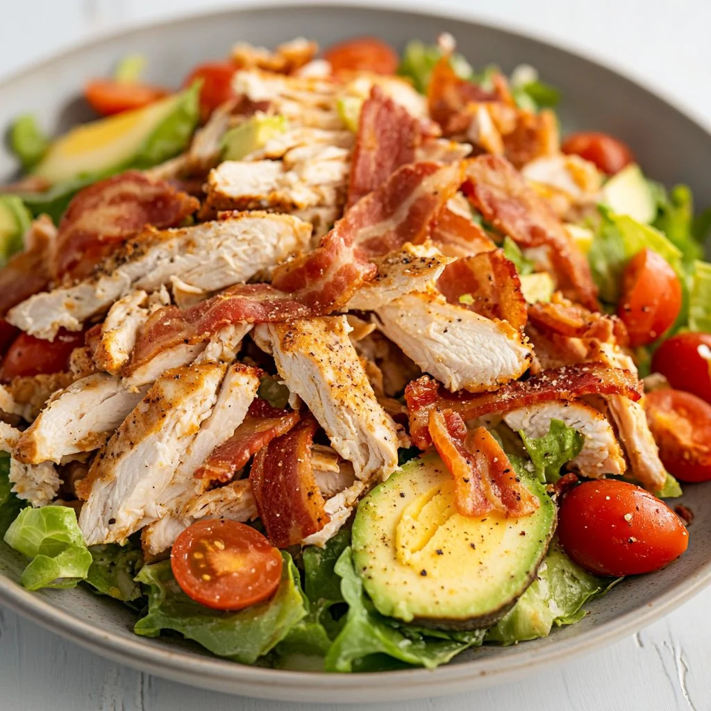 Savory BLT Chicken Salad with crispy bacon, lettuce, and tomatoes