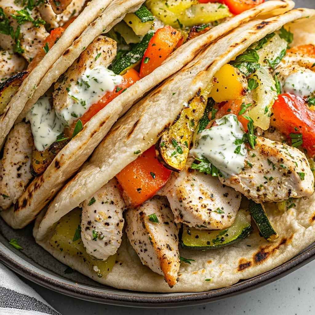 Delicious sheet pan chicken pitas topped with herby ranch dressing