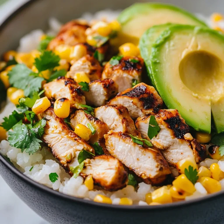 Delicious Street Corn Chicken Rice Bowl topped with fresh ingredients.
