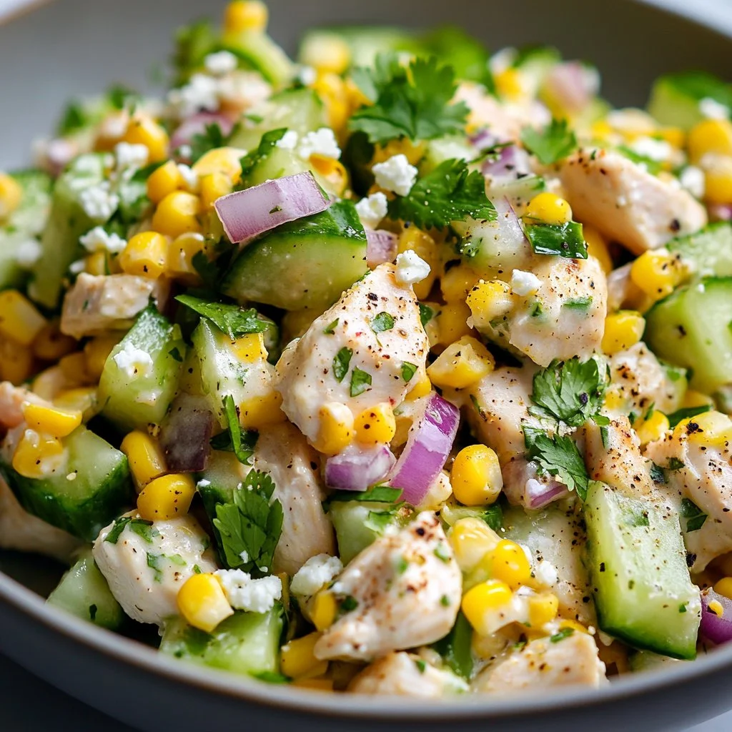 Street Corn Creamy Cucumber Chicken Salad recipe with vibrant ingredients