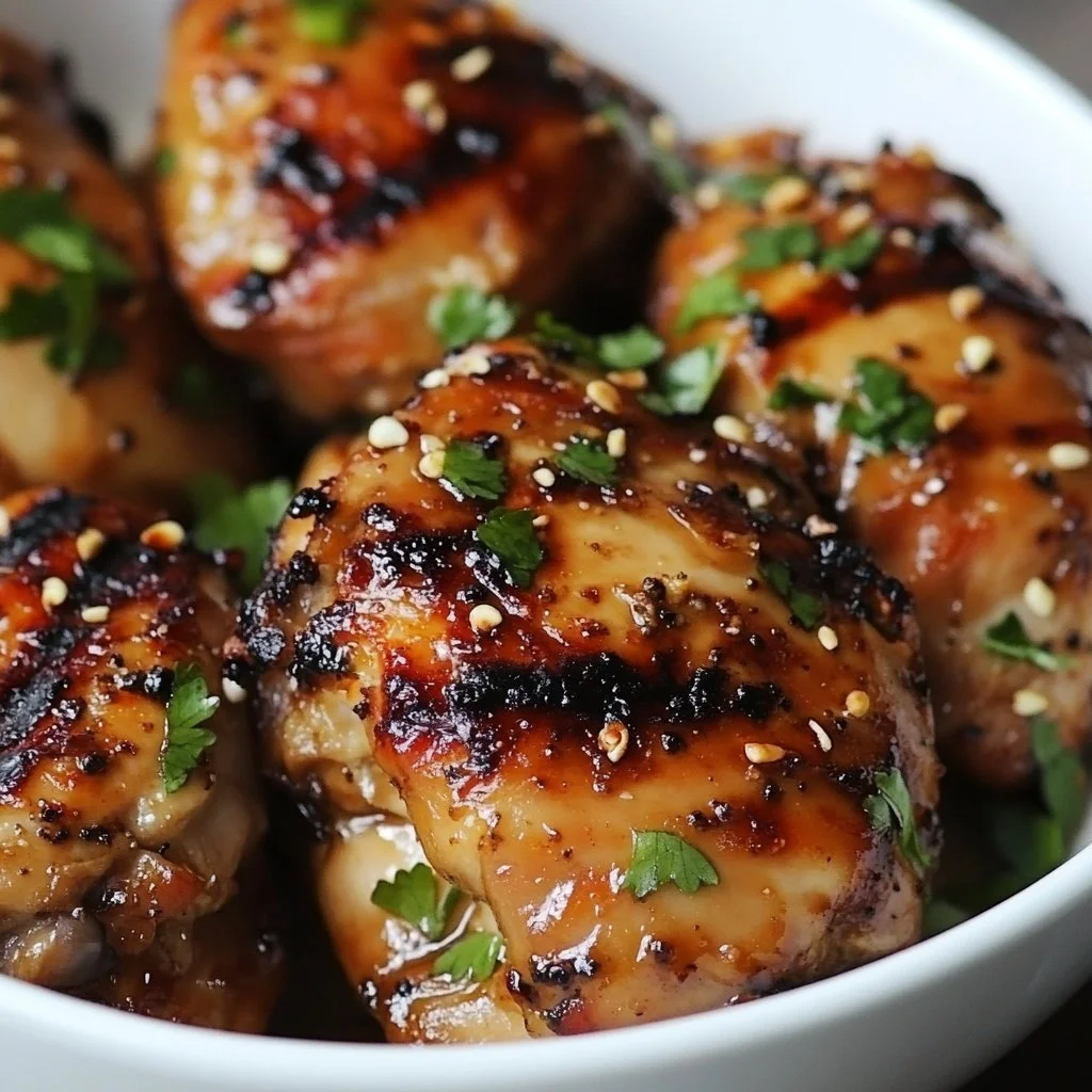 Plate of Thai Grilled Chicken garnished with herbs and served with rice