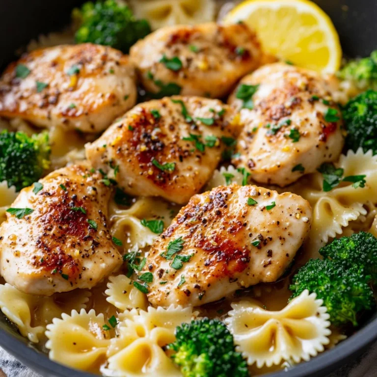Delicious zesty cowboy butter chicken served with lemon bowtie pasta and broccoli.