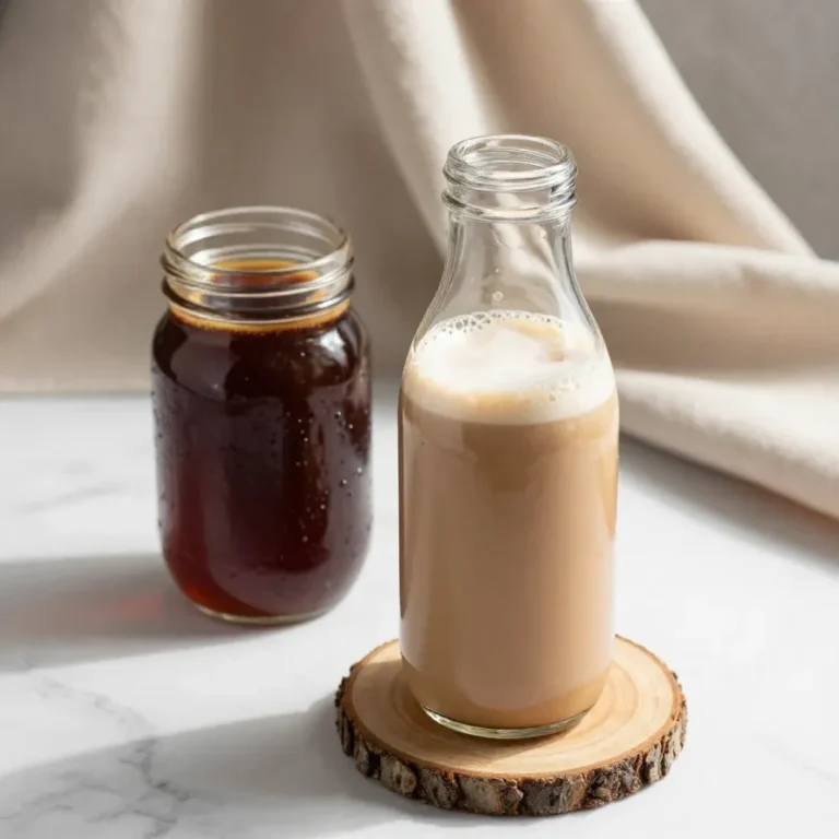 A jar of homemade chai syrup surrounded by spices like cinnamon, cloves, and cardamom on a wooden table.