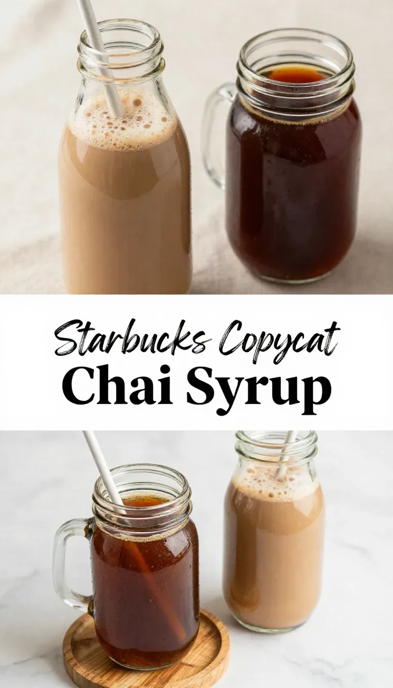 A jar of homemade chai syrup surrounded by spices like cinnamon, cloves, and cardamom on a wooden table.