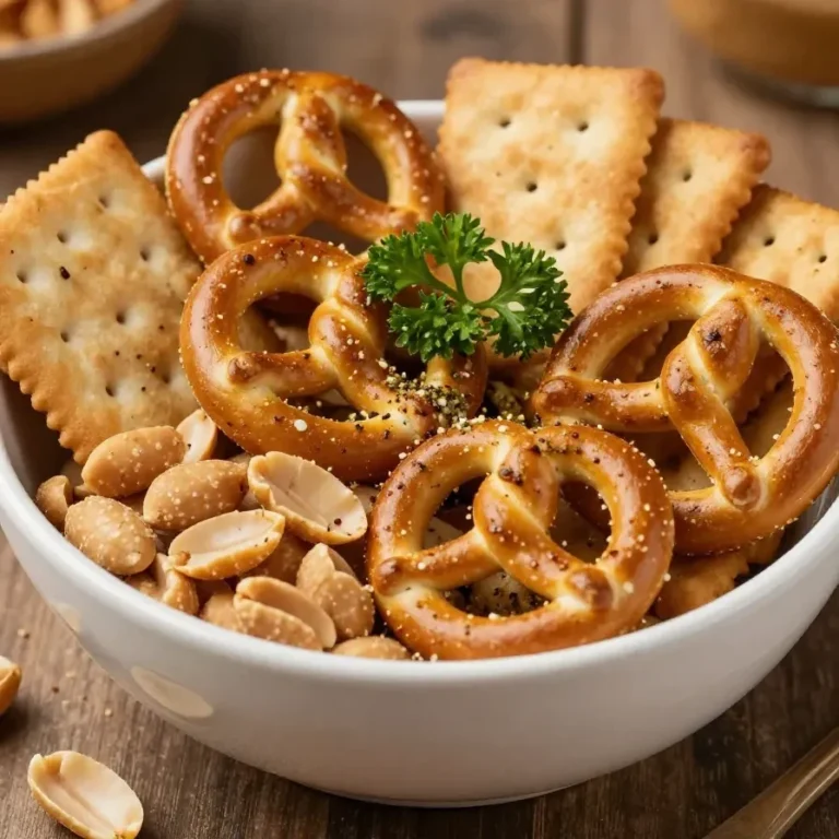 A close-up of a bowl filled with ranch trail mix snack mix, featuring pretzels, nuts, and crackers.