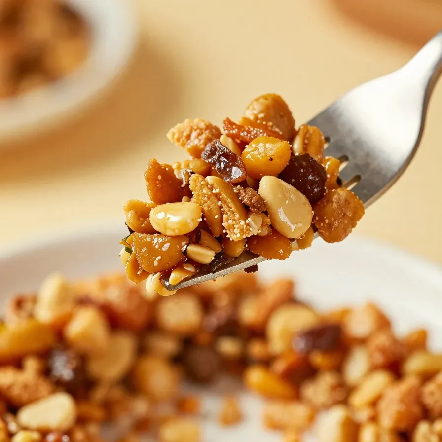 A close-up of a bowl filled with ranch trail mix snack mix, featuring pretzels, nuts, and crackers.