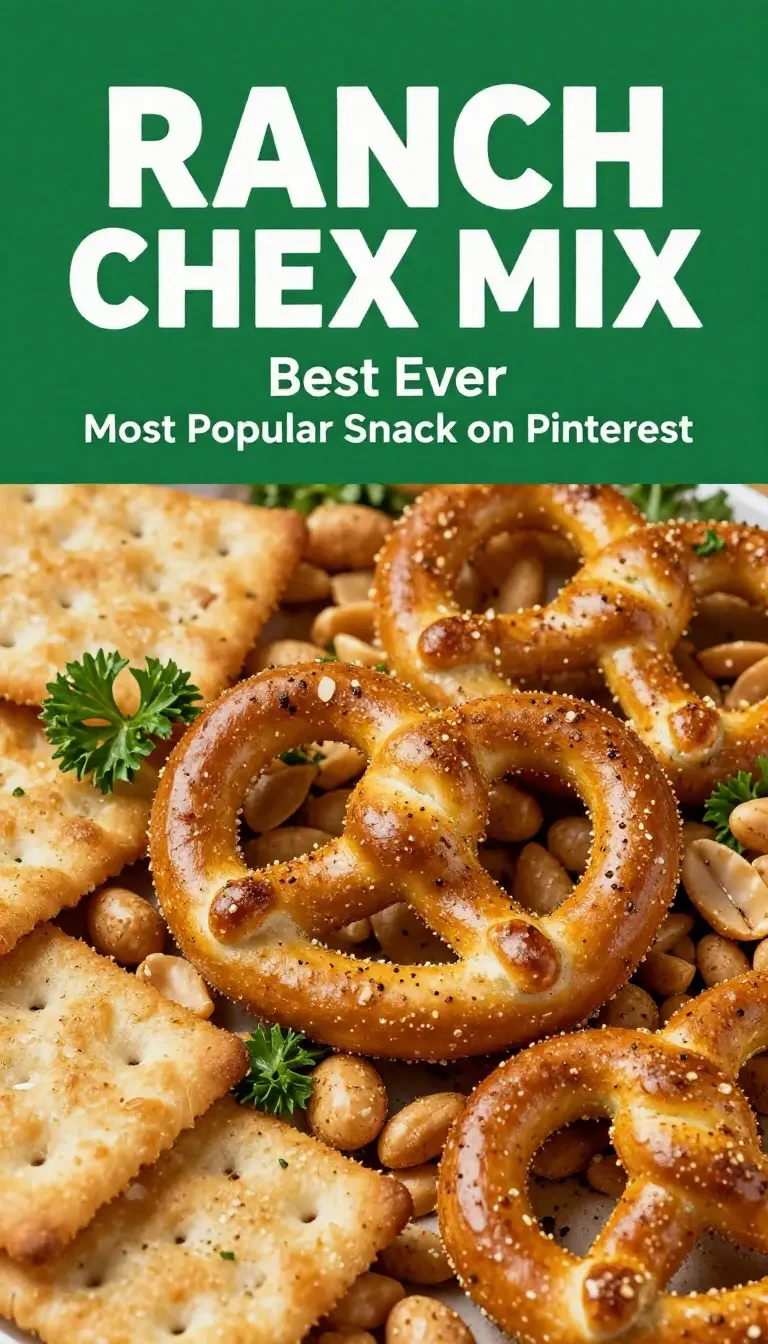 A close-up of a bowl filled with ranch trail mix snack mix, featuring pretzels, nuts, and crackers.