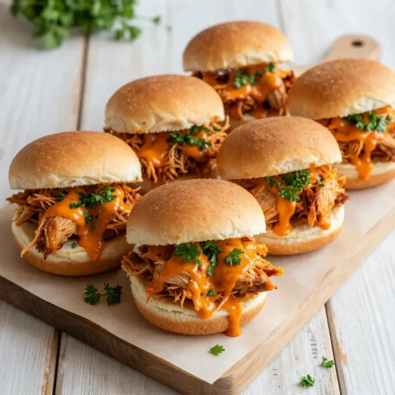 Buffalo Chicken Sliders Close-up of buffalo chicken sliders with melted cheese served on a wooden tray.