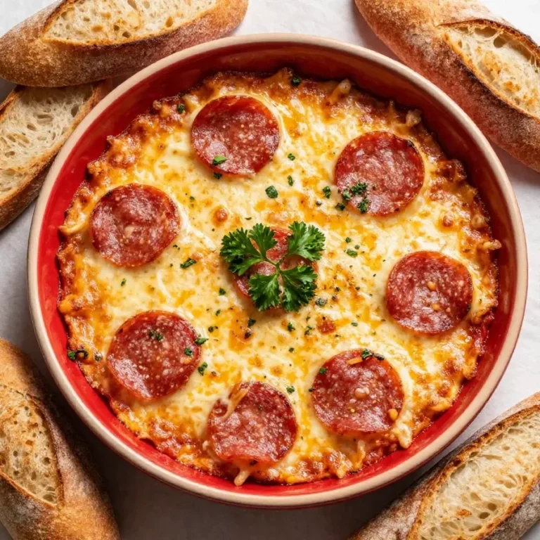 Close-up of a creamy pizza dip topped with melted cheese and pepperoni slices in a white baking dish.