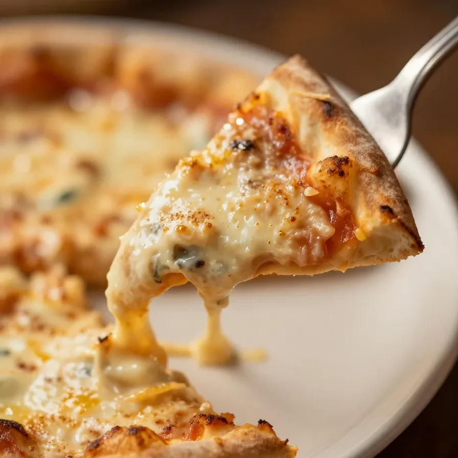 Close-up of a creamy pizza dip topped with melted cheese and pepperoni slices in a white baking dish.