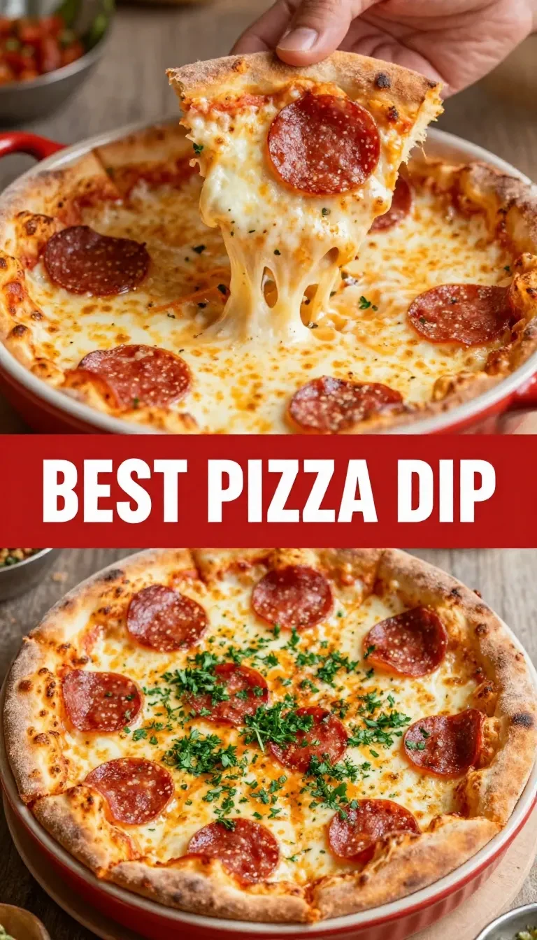 Close-up of a creamy pizza dip topped with melted cheese and pepperoni slices in a white baking dish.