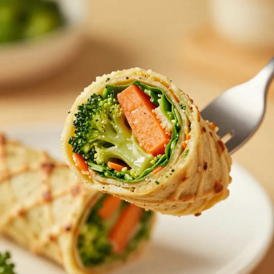 Close-up of vegan veggie pinwheels filled with broccoli and carrots on a wooden platter.