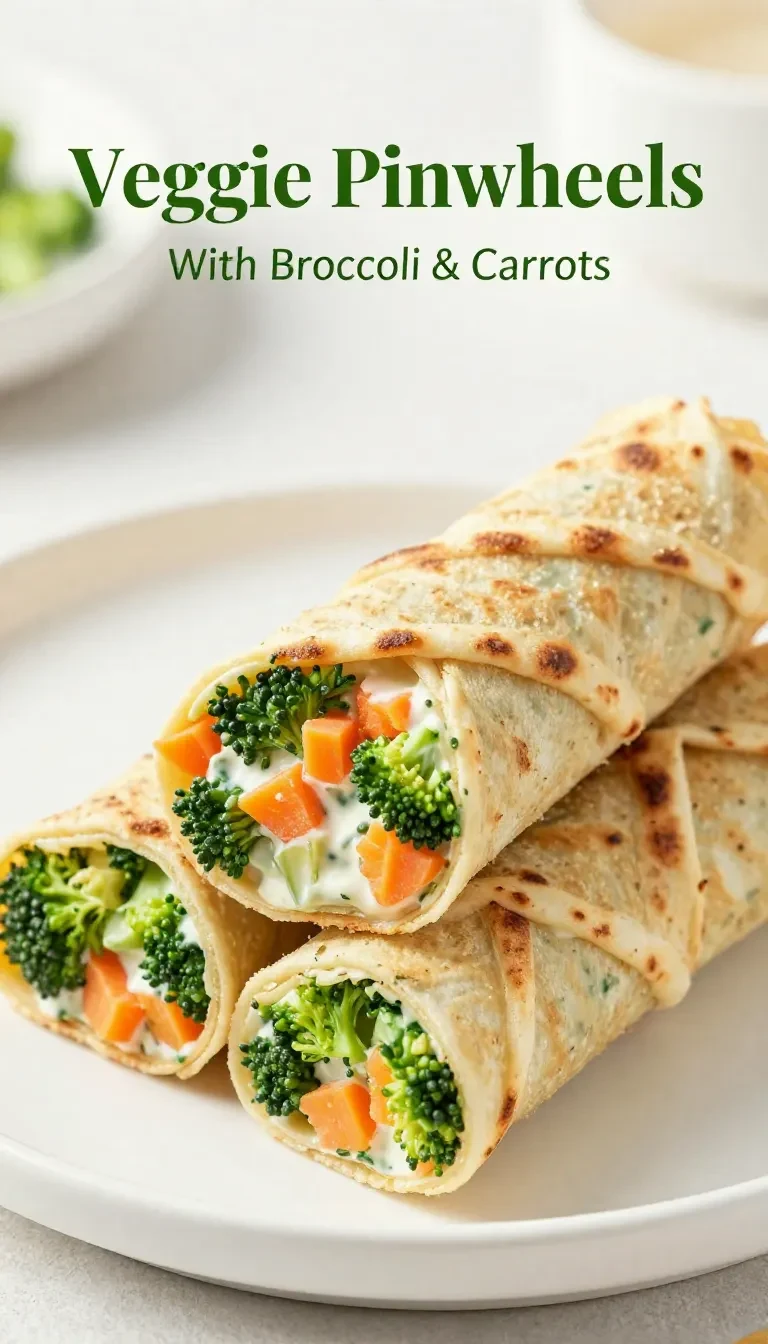 Close-up of vegan veggie pinwheels filled with broccoli and carrots on a wooden platter.