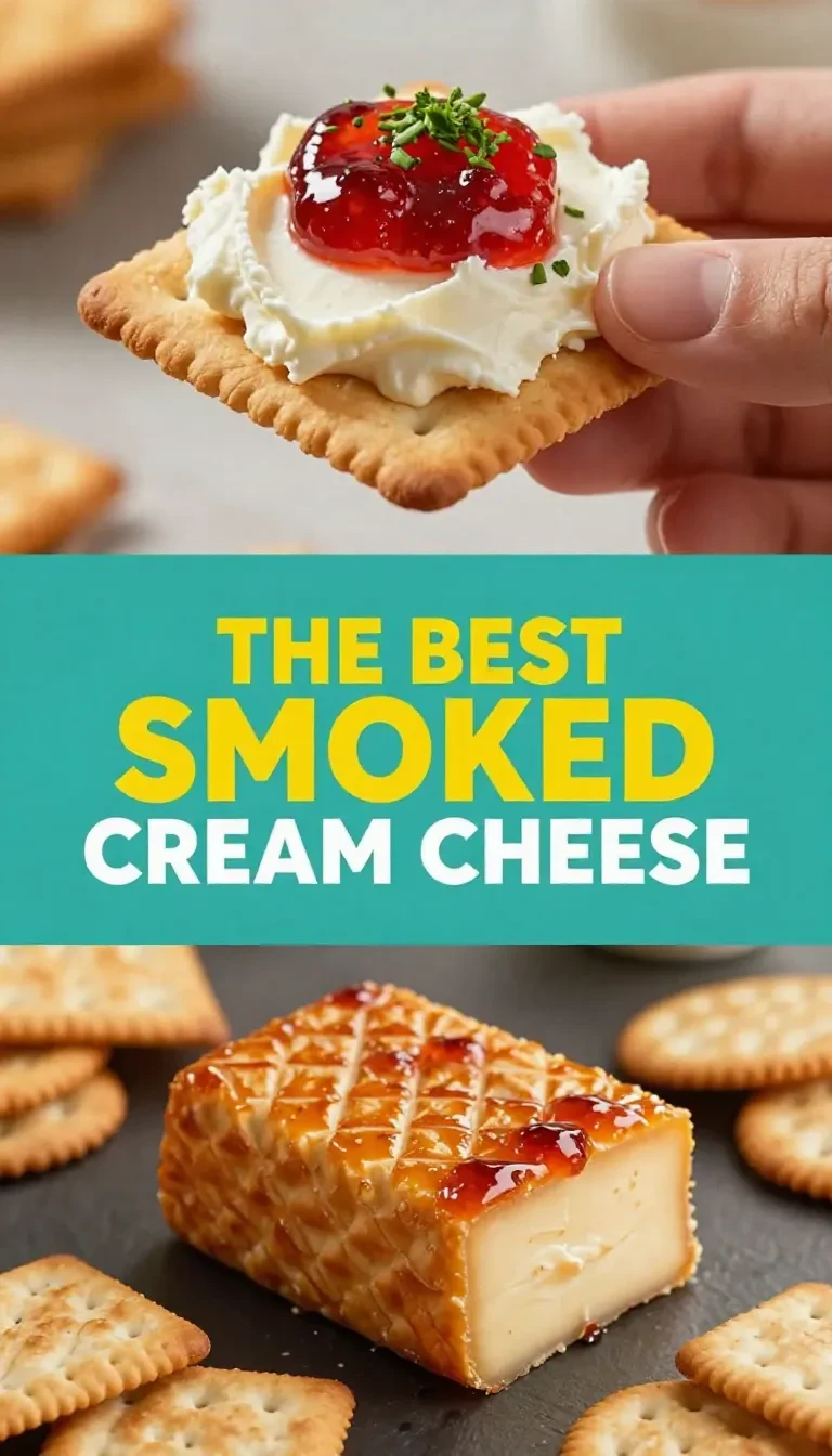 A perfectly smoked cream cheese block garnished with fresh herbs on a wooden platter.