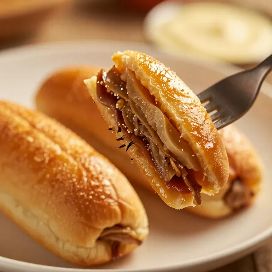 Close-up of hot Italian sub sliders with melted cheese and fresh toppings on a wooden tray.