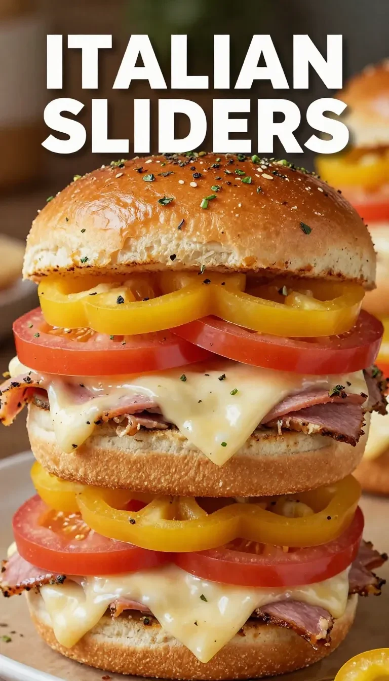 Close-up of hot Italian sub sliders with melted cheese and fresh toppings on a wooden tray.