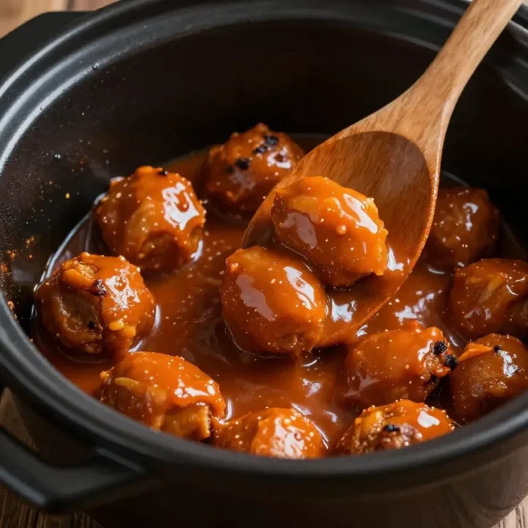 A crock pot filled with BBQ Little Smokies garnished with parsley.