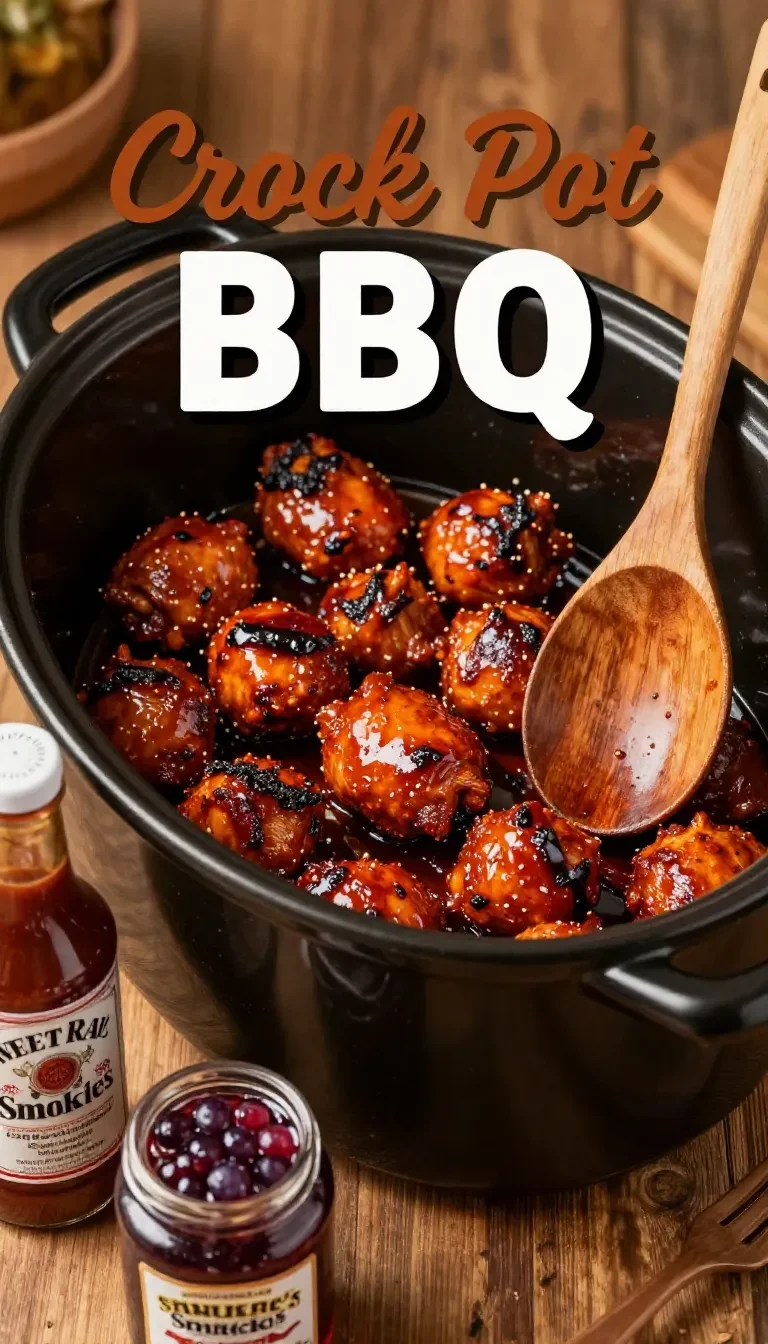 A crock pot filled with BBQ Little Smokies garnished with parsley.
