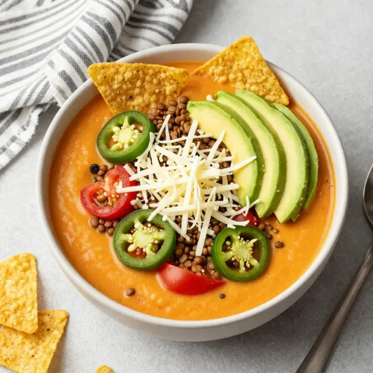 A bowl of hearty lentil tortilla soup garnished with fresh cilantro and crispy tortilla strips.