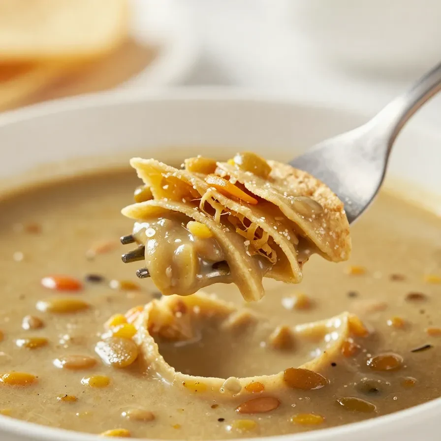 A bowl of hearty lentil tortilla soup garnished with fresh cilantro and crispy tortilla strips.