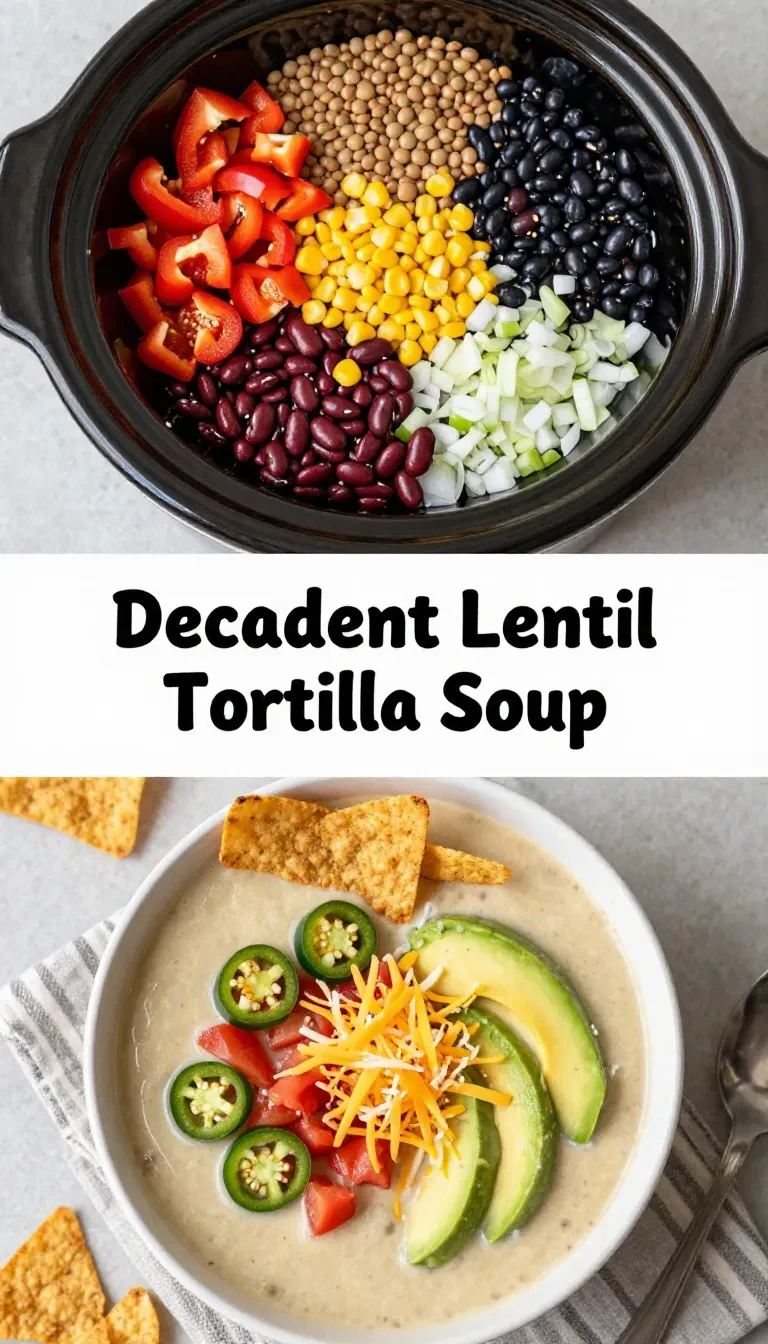A bowl of hearty lentil tortilla soup garnished with fresh cilantro and crispy tortilla strips.