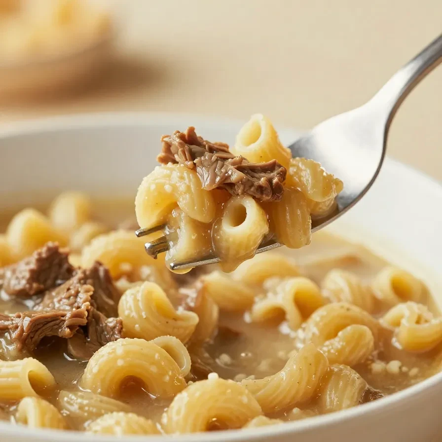 A bowl of hearty macaroni soup with tender beef chunks, carrots, and celery in a savory broth.