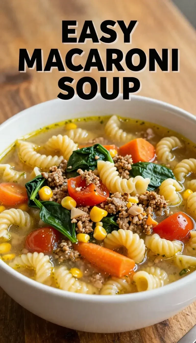 A bowl of hearty macaroni soup with tender beef chunks, carrots, and celery in a savory broth.